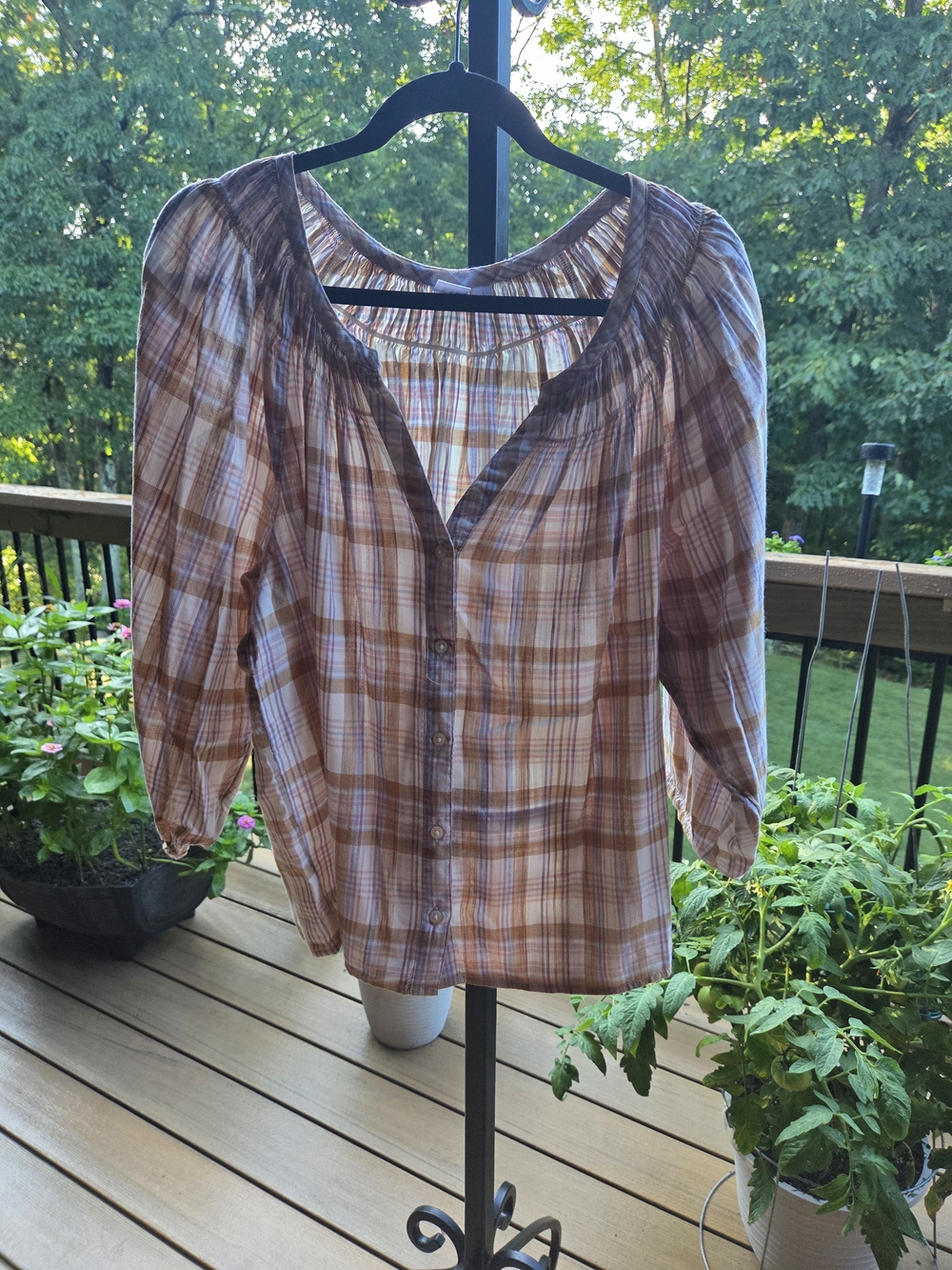 GAP Brown & Cream Plaid Button-Front Peasant Blouse